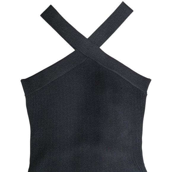House Of Harlow 1960 Black Mini Ribbed Dress Criss Cross Neck Size Medium - Picture 2 of 8